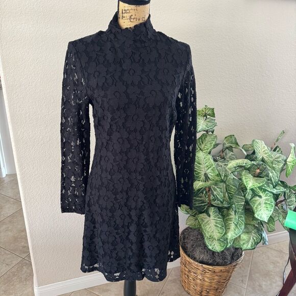 INC International Concepts Black Lace Mock Neck Mini Dress - Size L - Picture 2 of 9